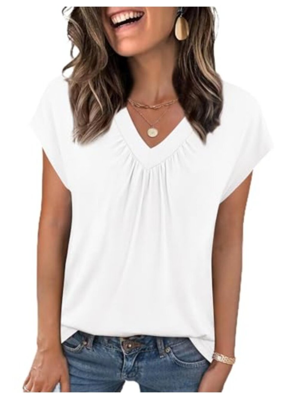 Women's Pleated V Neck Cap Sleeve Summer Blouse Casual Work Top S-XXL